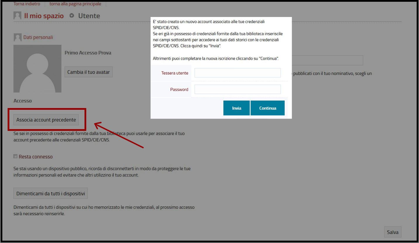 Screenshot della pagina Dati personali, all'interno dello spazio Utente con evidenziato il pulsante Associa account precedente